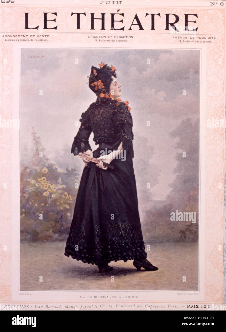 Georges Bizets Oper "Carmen" mit Mme de Nuovina (Moldawischen geboren Sopran, 1866-?, Debüt als esclarmonde), in Titel - Rolle. 1898 Produktion an der Opéra-Comique in Paris. Erste Produktion im Jahre 1875 an der Opéra-comique, Paris. Text von Meilhac und Halévy nach Mérimée's 'nouvelle cuisine'. Bizet: der französische Komponist, 1838-1875. Foto de Bary. Le Théâtre, Juni 1898. Stockfoto