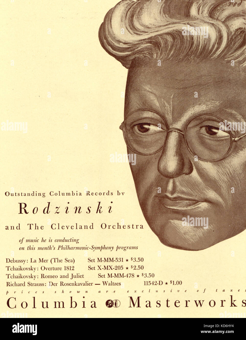 Artur Rodzinski Werbung für die Aufnahme mit dem Cleveland Orchestra. Der polnische Dirigent, 1892-1958. Stockfoto