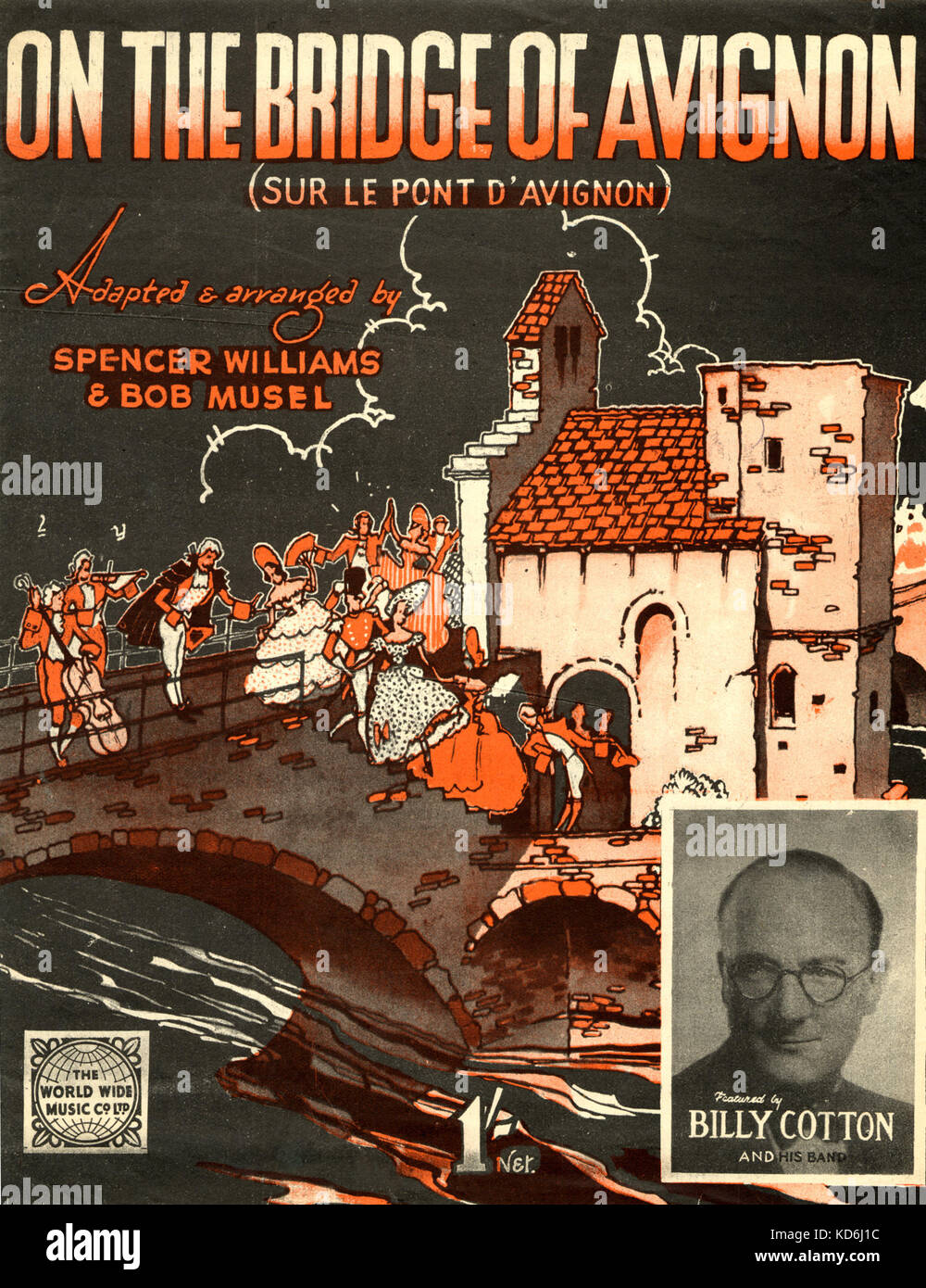 Billy Cotton & seiner Band-Score Cover" auf der Brücke von Avignon". 18. Jahrhundert Tanz und Kostüm. World Wide Music Co. Ltd, 1944 (Musik in WW2). Frankreich. Stockfoto