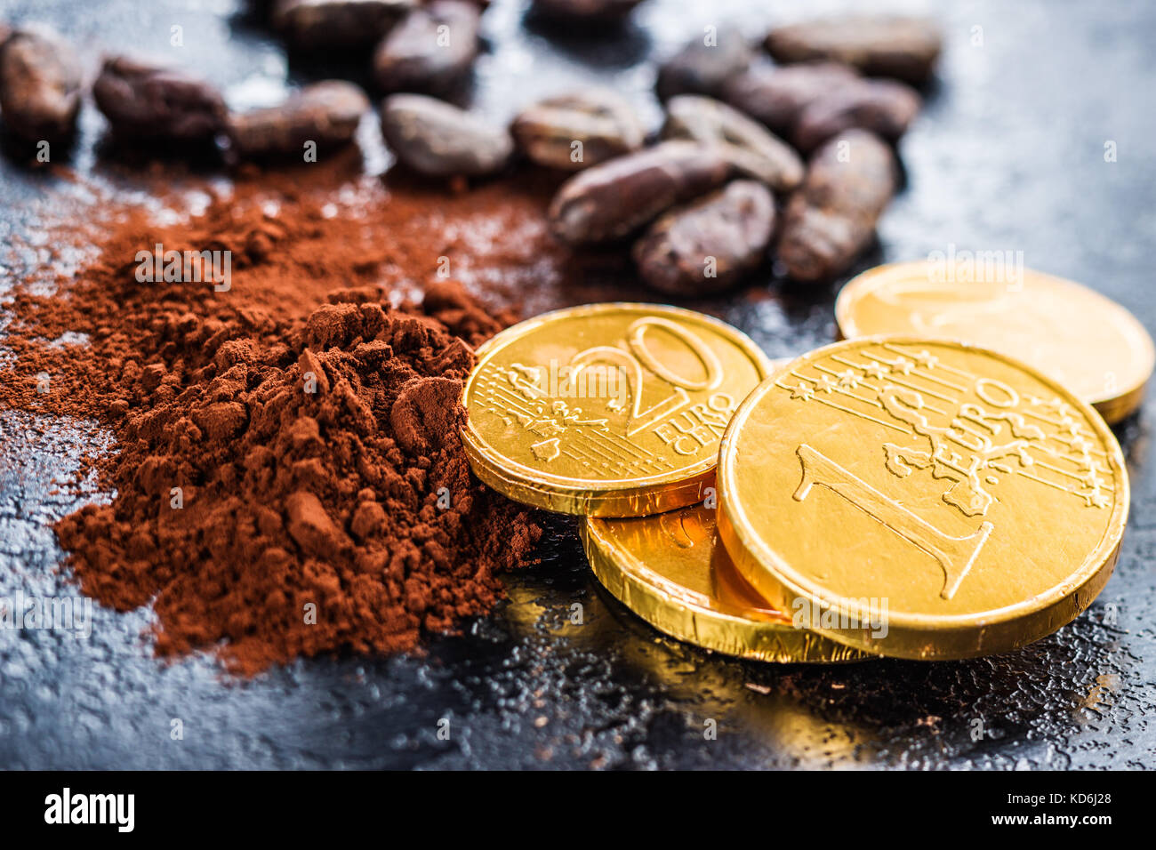 Dunkles Kakaopulver, Kakao und Schokolade Euro Münzen. Stockfoto