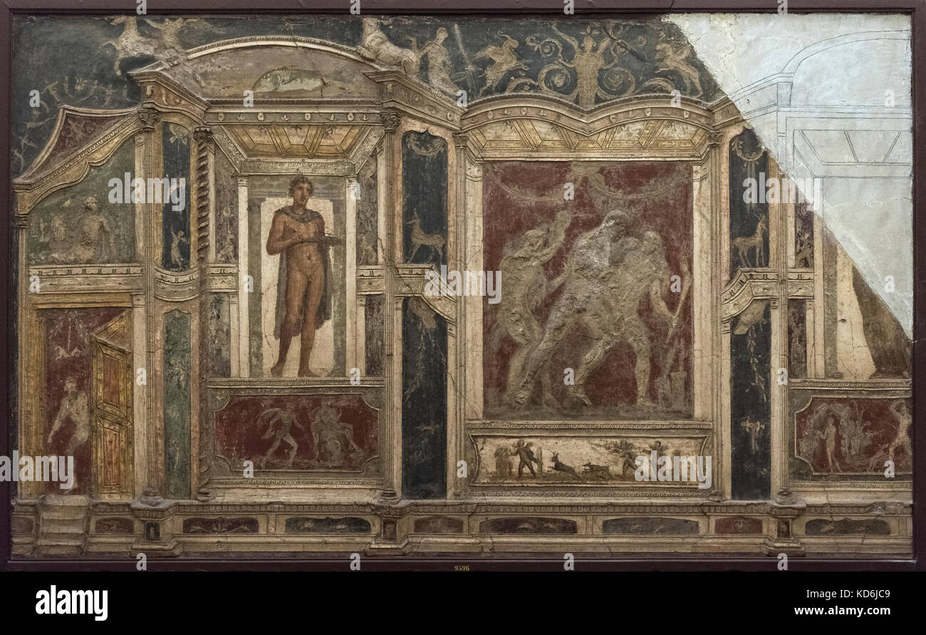 Neapel. Italien. Mit Fresken bemalten Relief in Stuck (1. Jahrhundert n. Chr.) aus dem Hause des Meleager (Casa di Meleagro), Pompeji. Museo Archeologico Nazionale di Na Stockfoto