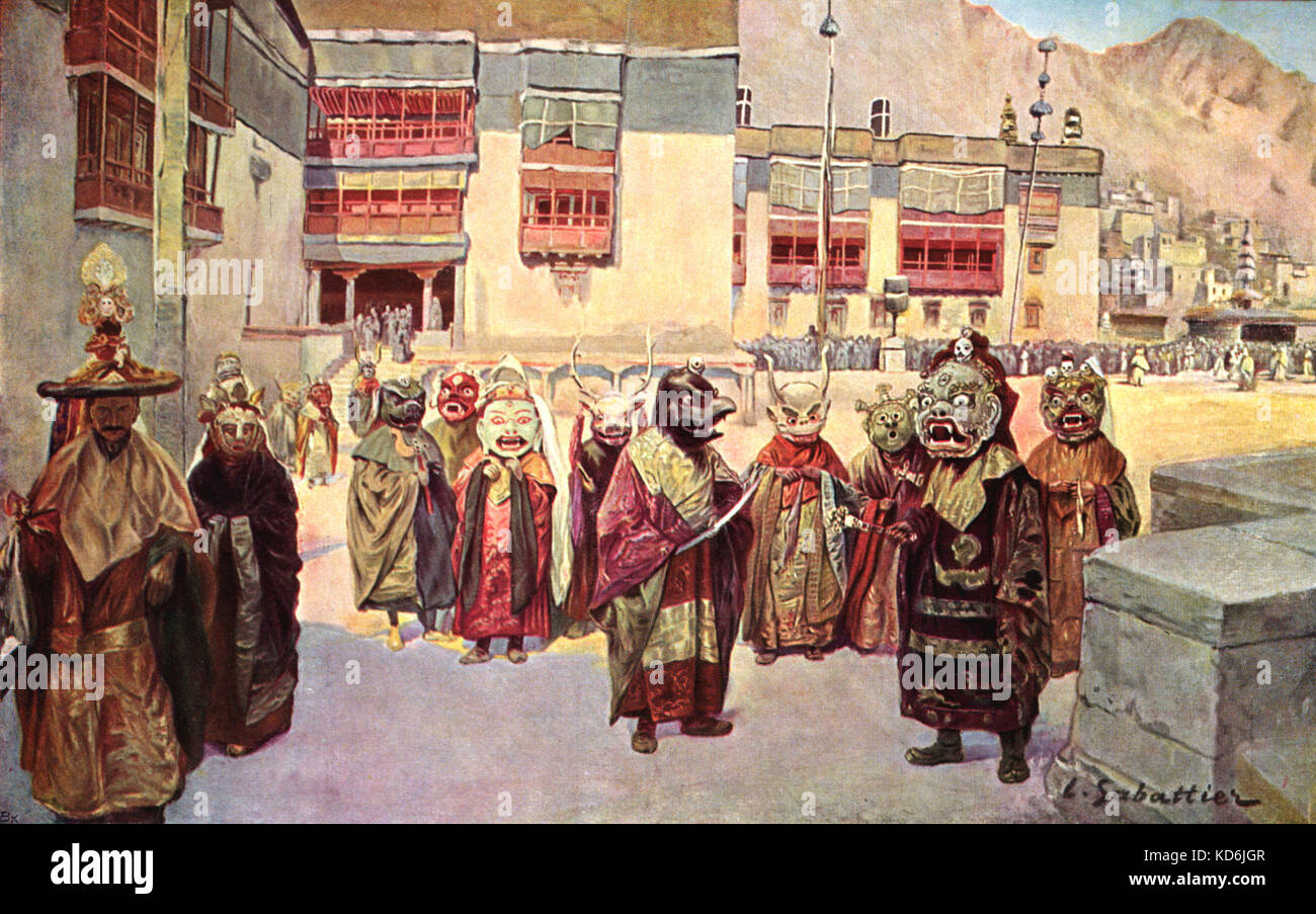 Malerei eines religiösen Tanz in einem tibetanischen Kloster, mit Masken und Kostümen, von Louis Rémy Sabattier 1863 - 1935. Stockfoto