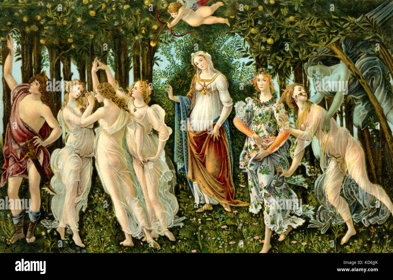 Sandro Botticellis Gemälde "Primavera" (der Frühling), c1478. Verweis auf Vivaldis "Vier Jahreszeiten" und Beethovens Symphonie "Eroica". Stockfoto