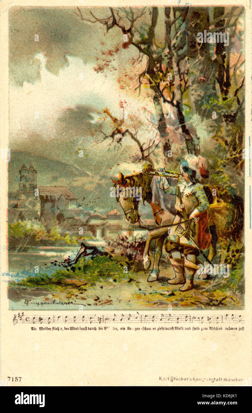 17. jahrhundert Trompeter mit Pferd im Bayerischen Einstellungen. Reiter mit Federhut und Schwert. Ende des 19. Jahrhunderts und Anfang des 20. Jahrhunderts Deutsche Abbildung. Musik Personal an der Unterseite mit Lyrics der Songs. Stockfoto