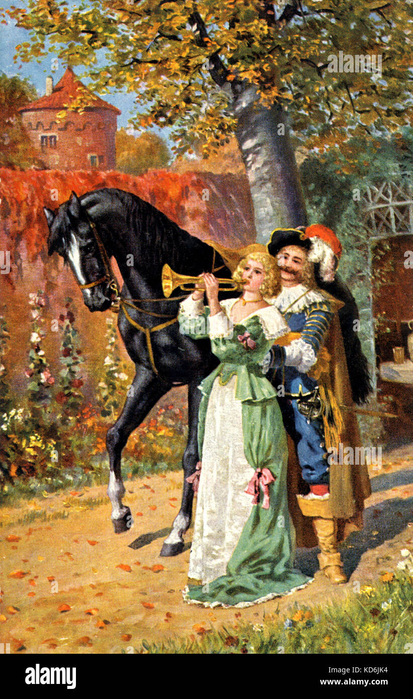 17. jahrhundert Dame Spielen der Trompete mit Reiter (mit Federhut und Schwert) eng hinter ihr. Abbildung aus dem frühen 20. Jahrhundert. Herbst Einstellungen. Die balz. Stockfoto