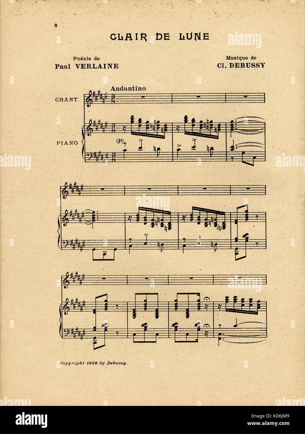 Erste Version von "Clair de Lune" von Debussy posthum erschienen (nach dem ursprünglichen Manuskripte) in Ergänzung zu den "Revue Musicale", 1926 (1. Druck): "Quatre mélodies inédites de Debussy' ('Vier unveröffentlichte Melodien von Debussy"). Die erste Seite der Partitur für Klavier und Stimme. Gedicht von Paul Verlaine. Debussy: der französische Komponist, 1862-1918. Stockfoto