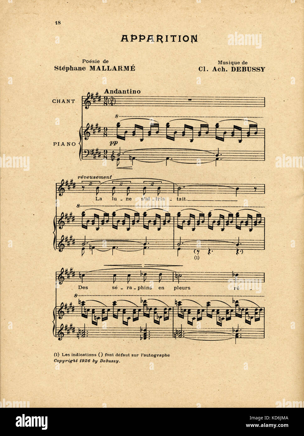 "Erscheinung" von Debussy, Postum (nach der ursprünglichen Manuskripte) in Ergänzung zu den "Revue Musicale", 1926 (1. Druck): "Quatre mélodies inédites de Debussy' ('Vier unveröffentlichte Melodien von Debussy"). Die erste Seite der Partitur für Klavier und Stimme. Gedicht von Stéphane Mallarmé. Debussy: der französische Komponist, 1862-1918. Stockfoto