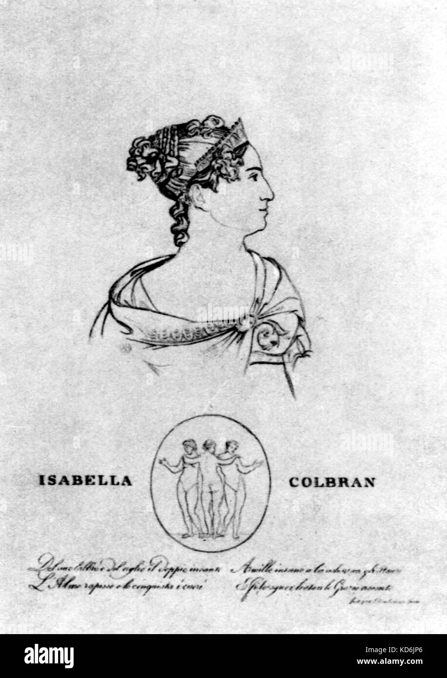Isabella Colbran, Profil Portrait im klassischen Stil. Spanische Sopranistin (1785-1845). Isabella Colbran verheiratet Rossini im Jahre 1822. Sie schuf führenden Sopran Rollen in einer Reihe von seinen Opern. Rossini - Italienischer Komponist (1792-1868) Stockfoto