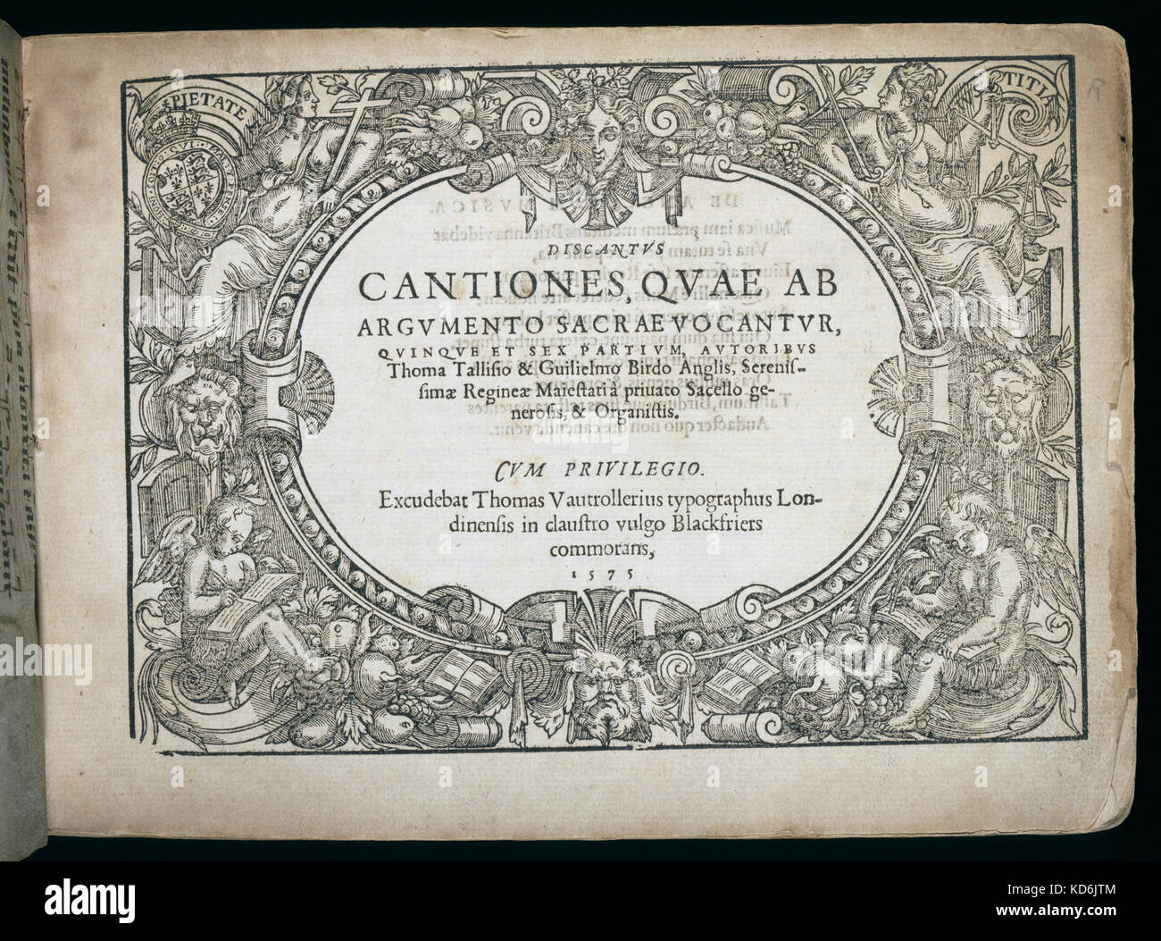 Thomas Tallis, William Byrd's "Cantiones sacrae, quae ab argumento vocantu'. Durch die Komponisten, London, 1575 veröffentlicht. Tallis: englische Komponist, 1505-1685; Byrd: englische Komponist (1543-1623). Kerbe. Manuskript. Stockfoto