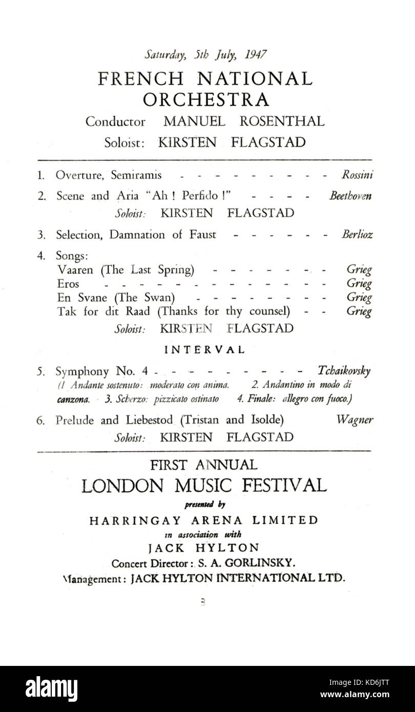 Innenseite des Programms für die London Musik Festival in Harringay Arena, 5. Juli 1947. Die französischen Nationalen Orchester mit Solist Kirsten Flagstad (norwegische Sopranistin, 1895-1962). Konzert unter der Leitung von Manuel Rosenthal. Stockfoto