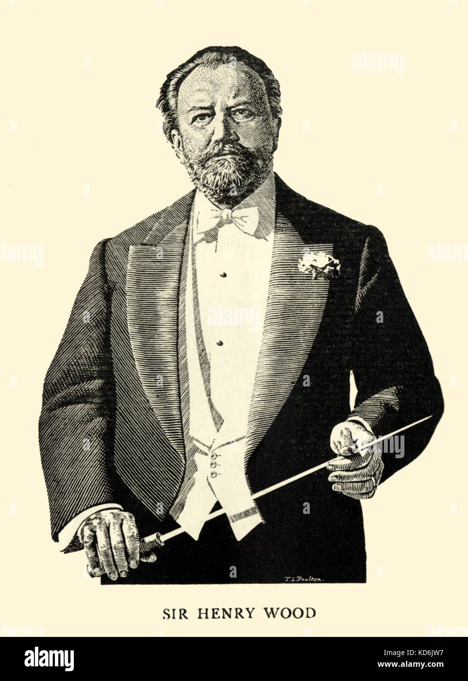 Sir Henry Wood, Portrait mit Taktstock. Gravur innerhalb des Programms für die 1934 BBC Proms, von T.l. Poulton. Promenade Konzerte, Queen's Hall, London. Englische Dirigent, 1869-1944. Stockfoto