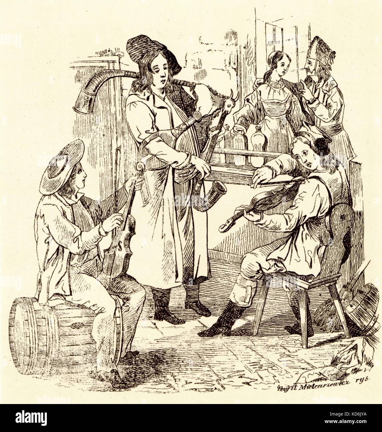 Trio der polnische Musiker spielen Geigen und den Dudelsack aus der Haut Ziegen in einem Gasthaus getroffen." Country Band in Großpolen", Lithographie von teofil Mielcarzewicz, 1837. Volksmusik. Paar in Hintergrund. Stockfoto