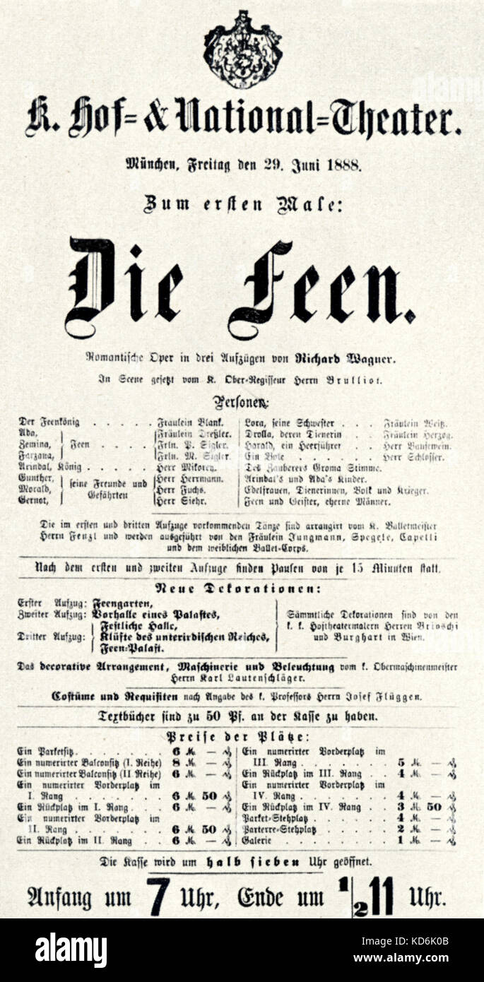 Plakat für die Premiere von Wagners Oper "Die Feen", München, 29. Juni 1888. Stockfoto