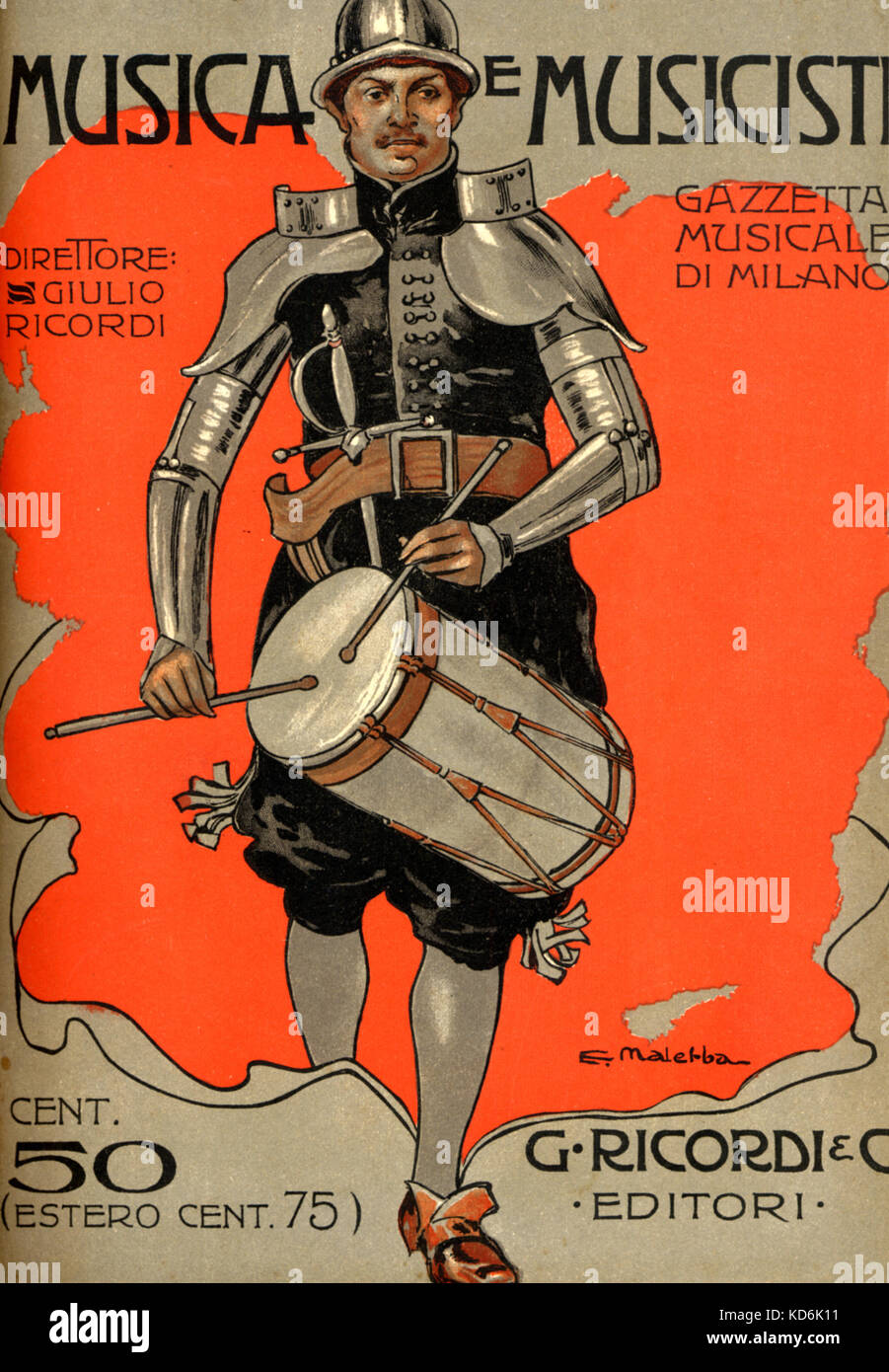 Seite - drum Player in der Rüstung. Abdeckung der italienischen Zeitschrift 'Musica e Musicisti", Nr. 93, Mailand, 1905 (der Editor wurde Giulio Ricordi). Illustration von E.Malerba. Stockfoto