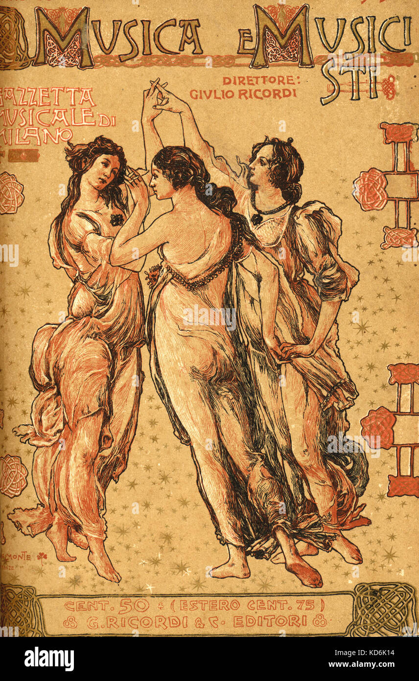 Die drei Grazien. Abbildung auf der Titelseite der italienischen Zeitschrift 'Musica e Musicisti", Nr. 83, Mailand, 1905 (der Editor wurde Giulio Ricordi), von Luigi Dal Monte. Nach einem Gemälde von Botticelli. Mythologie. Weiblichkeit. Stockfoto