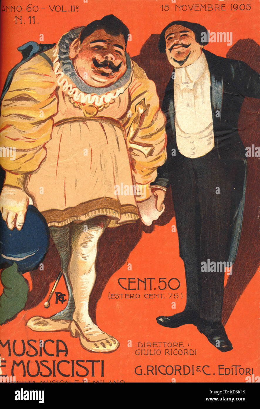 Enrico Caruso als Herzog in Rigoletto in Giuseppe Verdis Oper, mit Dirigent seine Hand. Abbildung auf der Titelseite der italienischen Zeitschrift 'Musica e Musicisti", Nr. 98, Mailand, 1905 (der Editor wurde Giulio Ricordi), vertreten durch A. Cagnoni. Stockfoto