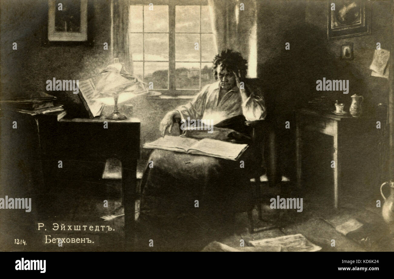 Ludwig van Beethoven - Porträt des Deutschen Komponisten im Sessel sitzt mit Score auf seinem Schoß, von Piano. Abbildung von R. Eichstedt. Pre-Bolshevik Revolution. 17. Dezember 1770 - vom 26. März 1827 Stockfoto Ludwig van Beethoven - Porträt des Deutschen Komponisten im Sessel sitzt mit Score auf seinem Schoß, von Piano. Abbildung von R. Eichstedt. Pre-Bolshevik Revolution. 17. Dezember 1770 - vom 26. März 1827 Stockfoto