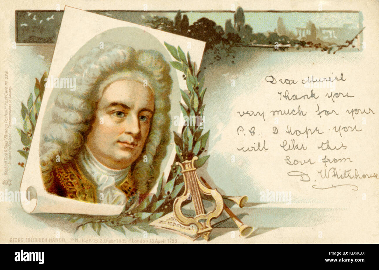 Georg Friedrich Händel. Abbildung auf Postkarte mit Lorbeerkranz, Blasinstrumente und Filmmusik. 'Chromographed'. Raphael Tuck & Söhne' berühmten Porträts'-Serie. Stockfoto