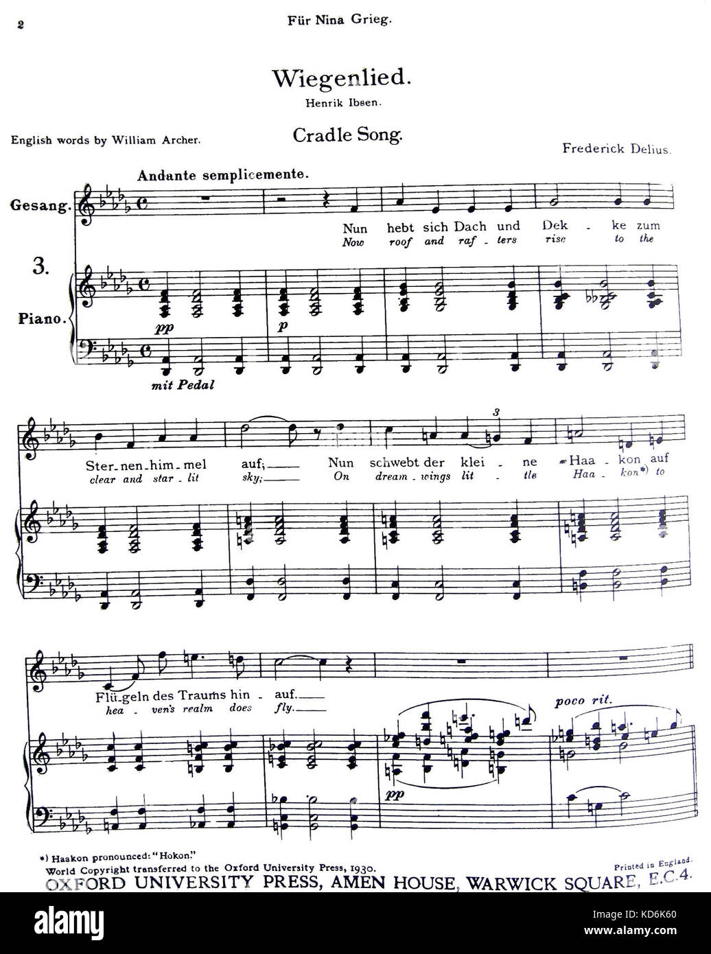 Frederick Delius' Cradle Song Score - Wiegenlied von Henrik Ibsen. Engagement über Score zu Nina Grieg (Ehefrau des Komponisten) englische Wörter von William Archer. London, OUP, 1930 veröffentlicht. Englische Komponist 1862-1934 Stockfoto
