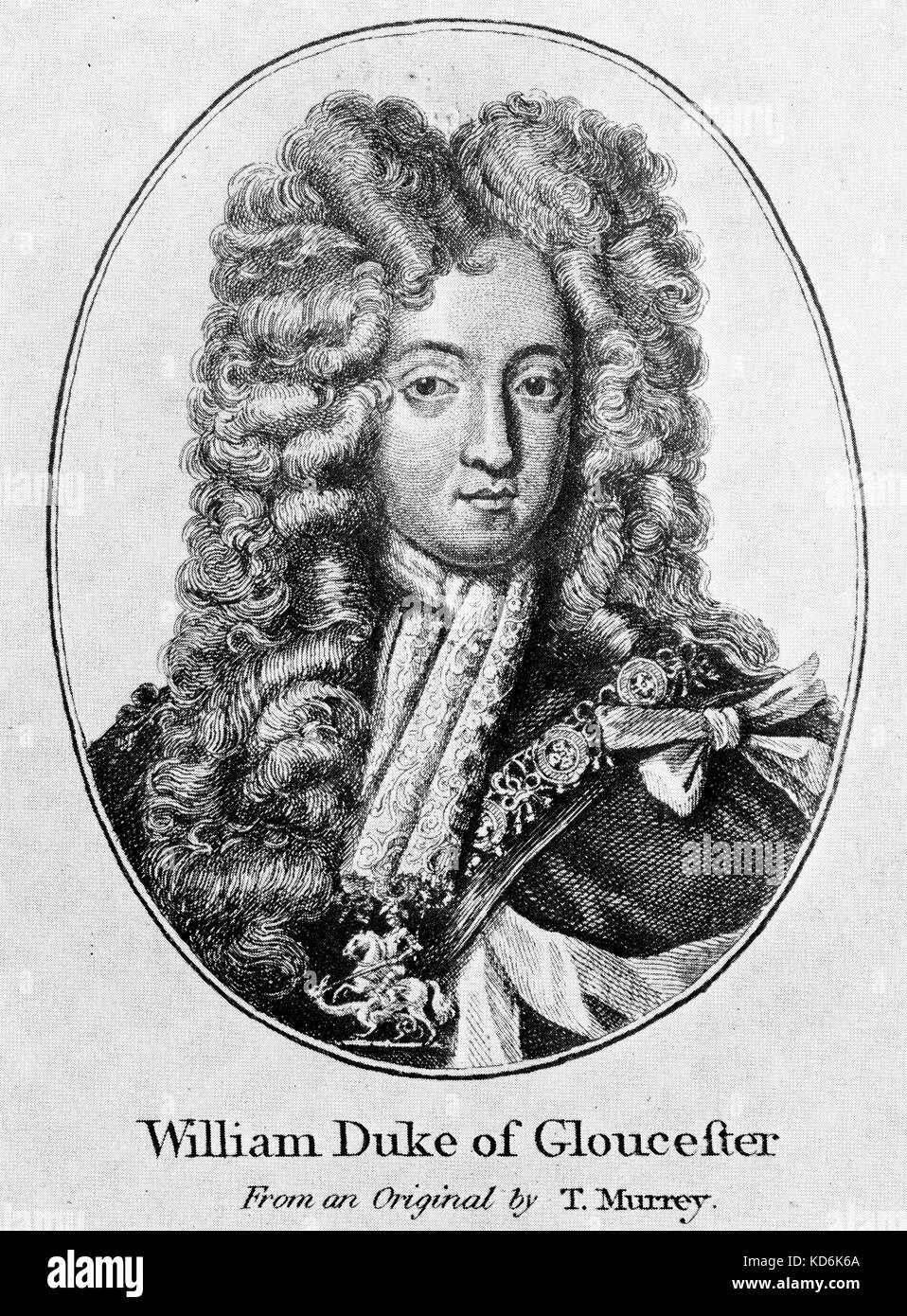 Wilhelm Herzog von Gloucester (1689-1700) aus einem Original von T. Murrey. Von William unterzeichnet. Purcell in Verbindung. Stockfoto