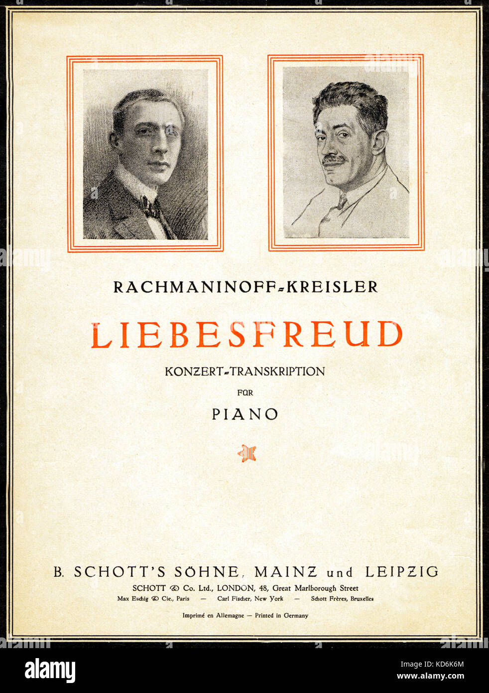 Fritz Kreisler und Rachmaninow auf Cover von 'Liebesfreud' (''sLiebe Freude"). Musik komponiert von Kreisler und für Klavier von Rachmaninov transkribiert. Von B.Schott's Söhne, Mainz und Leipzig, 1922 veröffentlicht. Rachmaninov: russische Pianist und Komponist, 1873-1943. Kreisler: Österreichischer Violinist und Komponist, 1875-1962. Carl Fischer Inc., New York. Stockfoto
