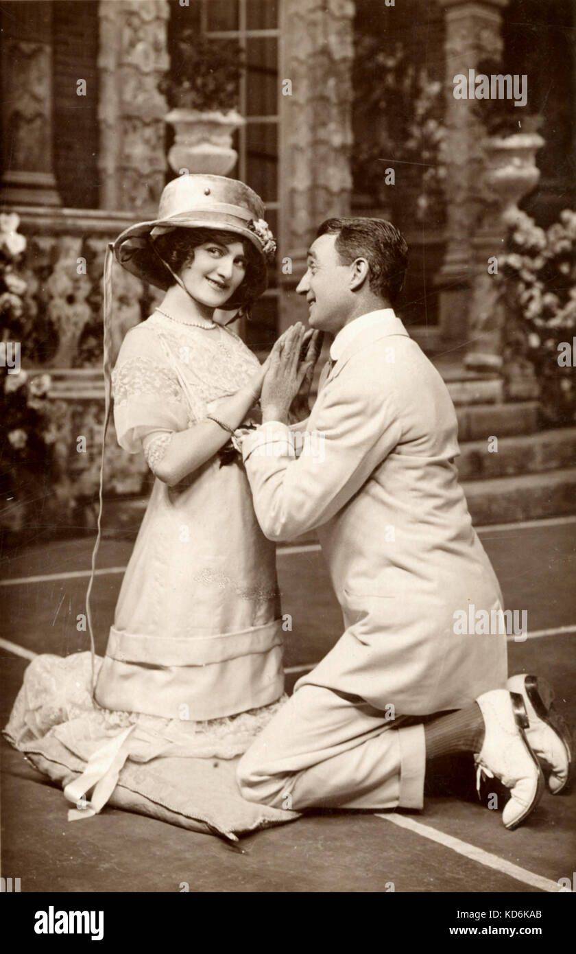 Lily Elsie als 'Alice' und Joseph Coyne als 'Harry Q Conder 'in' der Dollar Princess', Musiktheater mit Musik von Leo Fall. Elsie, britische Schauspielerin und Sängerin, 8. April 1886-16. Dezember 1962. Coyne, US-amerikanischer Schauspieler, Sänger und Tänzer, b. 27. März 1867-17.Februar 1941. Herbst, österreichischer Komponist und Dirigent, 2. Februar 1873-16 th September 1925. Rotary Foto Stockfoto