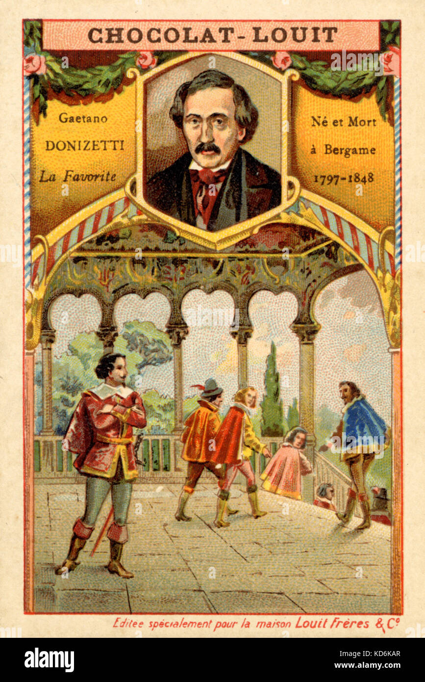 "La favorite"-Szene von Gaetano Donizettis Oper im Jahre 1840 geschrieben. Portrait von Komponist Italienischer Komponist (1797-1848). Chocolat-Louit Postkarte. Postkarte Stockfoto