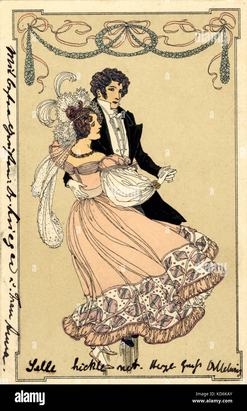 Paar tanzen Walzer in Kostüm im Stil des 19. Jahrhunderts. Walzer Ära. Postkarte mit Briefmarke 1900 Stockfoto