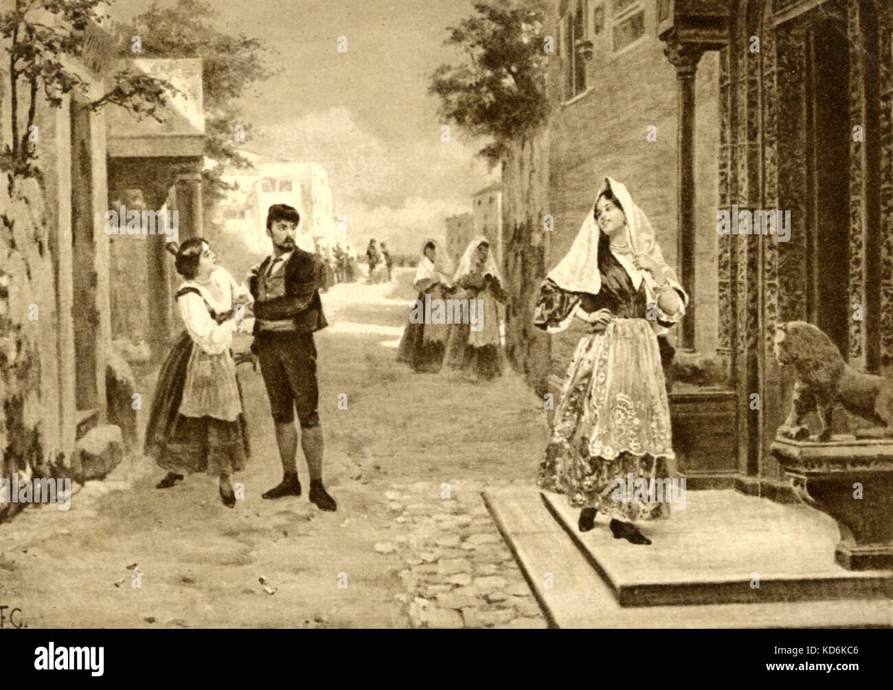 Szene aus der Oper "Cavalleria Rusticana von Mascagni Santuzza" ist verzweifelt, als sie ihren geliebten Turiddu ihr zugunsten von Lola verlassen hat. Italienischer Komponist (1863-1945). Stockfoto
