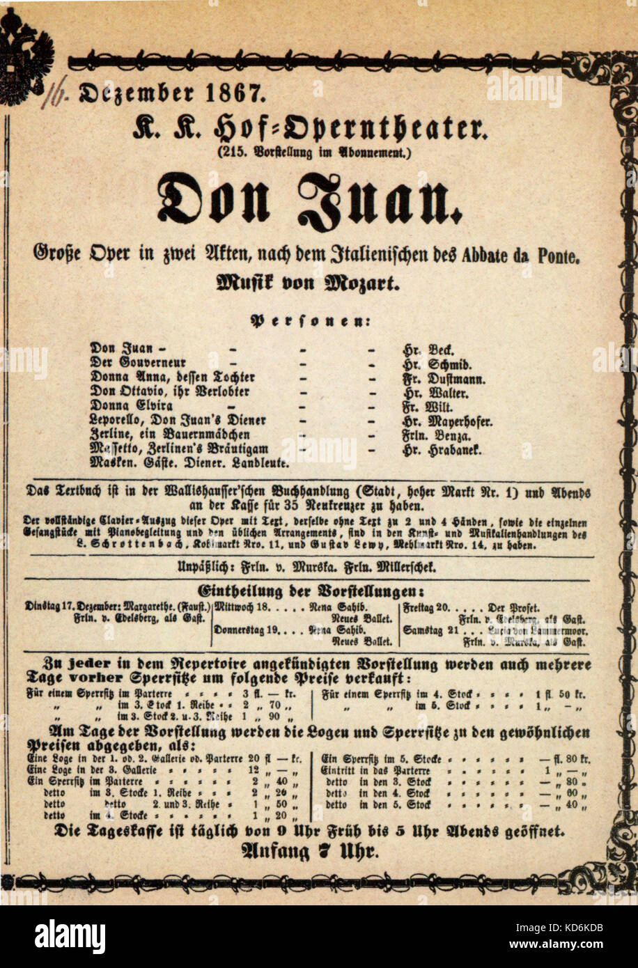Mozarts Oper Don Juan - Don Giovanni, Wien Theater Programm für Dezember 1867 Leistung. Wolfgang Amadeus Mozart, Österreichischer Komponist, 1756-1791. Stockfoto