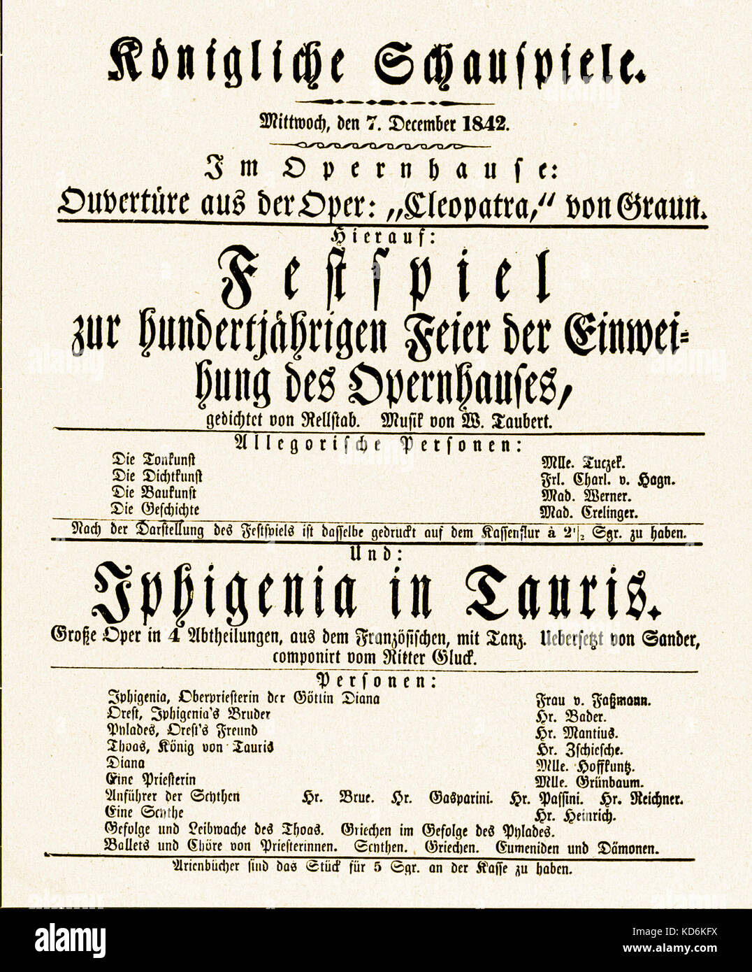 Leistung Ankündigung für Berlin Royal Opera House 100. Geburtstag am 7. Dezember, 1842. Spezielle festlichen Programm der Ouvertüre aus der Oper Cleopatra Graun und Iphigenie auf Tauris. Stockfoto