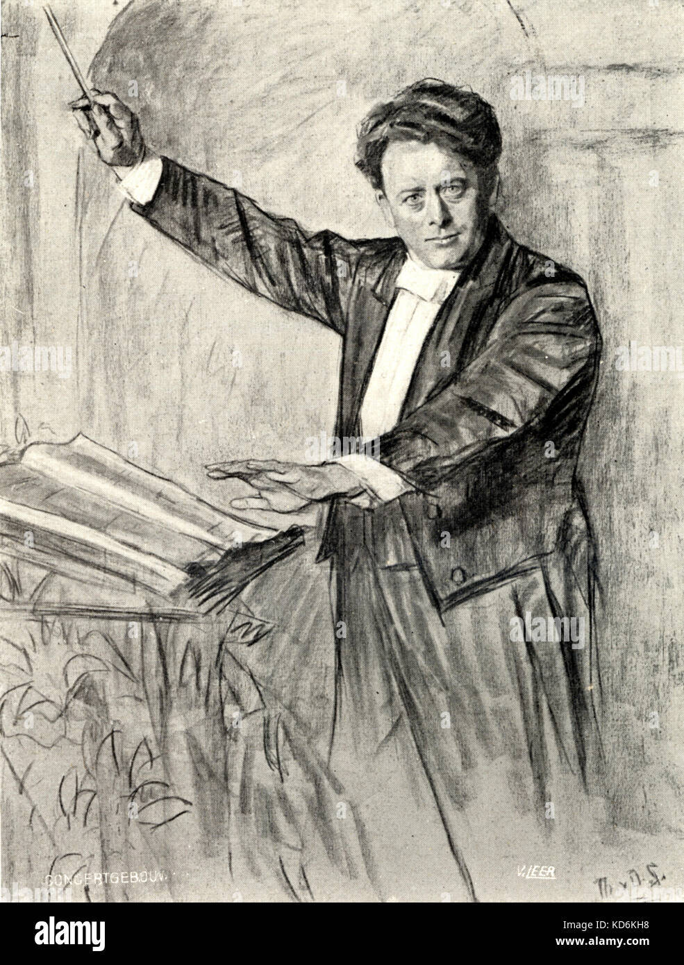 Willem Mengelberg mit Taktstock. Zeichnung von Thérèse Schwartze van Duijl. In 'Mahler - Feest" (Festival), veröffentlicht durch das Concertgebouw, Amsterdam, Mai 1920, für Zyklus Werke von Mahler, durchgeführt von Willem Mengelberg, vom 6. bis zum 21. Mai 1920, im Concertgebouw. Der niederländische Dirigent, 1871-1951. Stockfoto