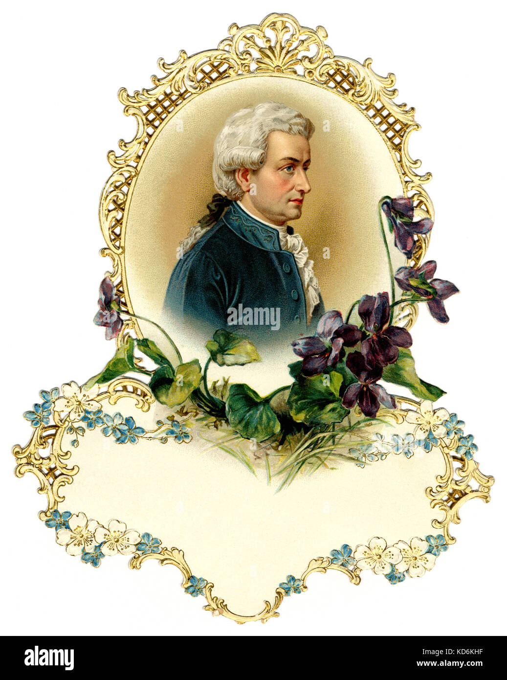 Wolfgan Amadeus Mozart - Porträt des österreichischen Komponisten auf dicken Karte gemalt, aus dem späten 19. Jahrhundert. Blumen umgeben. 27. Januar 1756 - vom 5. Dezember 1791. Stockfoto