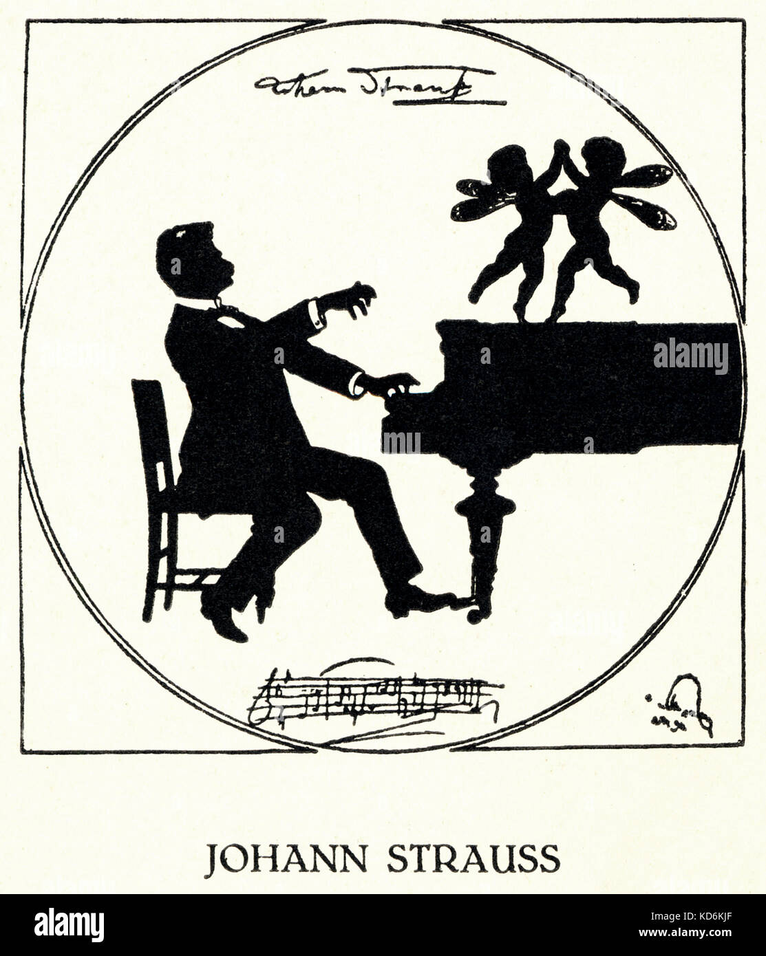 Johann Strauss II am Klavier - zwei Engel tanzen/waltzing auf dem Klavier. Walzer Stockfoto