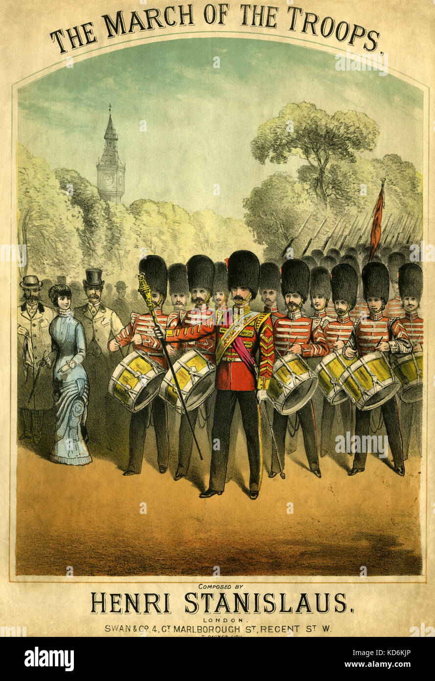 "Der Marsch der Truppen von Henri Stanislaus. Ergebnis Abdeckung 1878 Royal Guards nach unten marschieren die Mall in Richtung Buckingham Palace (Big Ben im Hintergrund) tragen Bärenfellmützen und markante ihre Trommeln. Ergebnis Abdeckung von London Swan & Co. im viktorianischen London Stockfoto