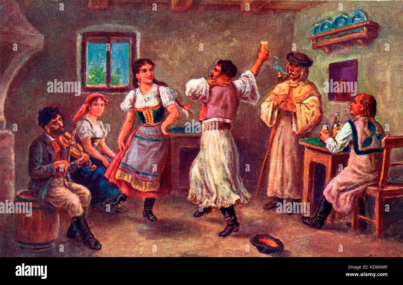 Paar tanzen Ungarischen Tanz in traditionellen Kostümen, um den Klang der Violine (Geige). Im frühen 20. Jahrhundert. Österreichisch-ungarischen Reiches. Lehár. Stockfoto