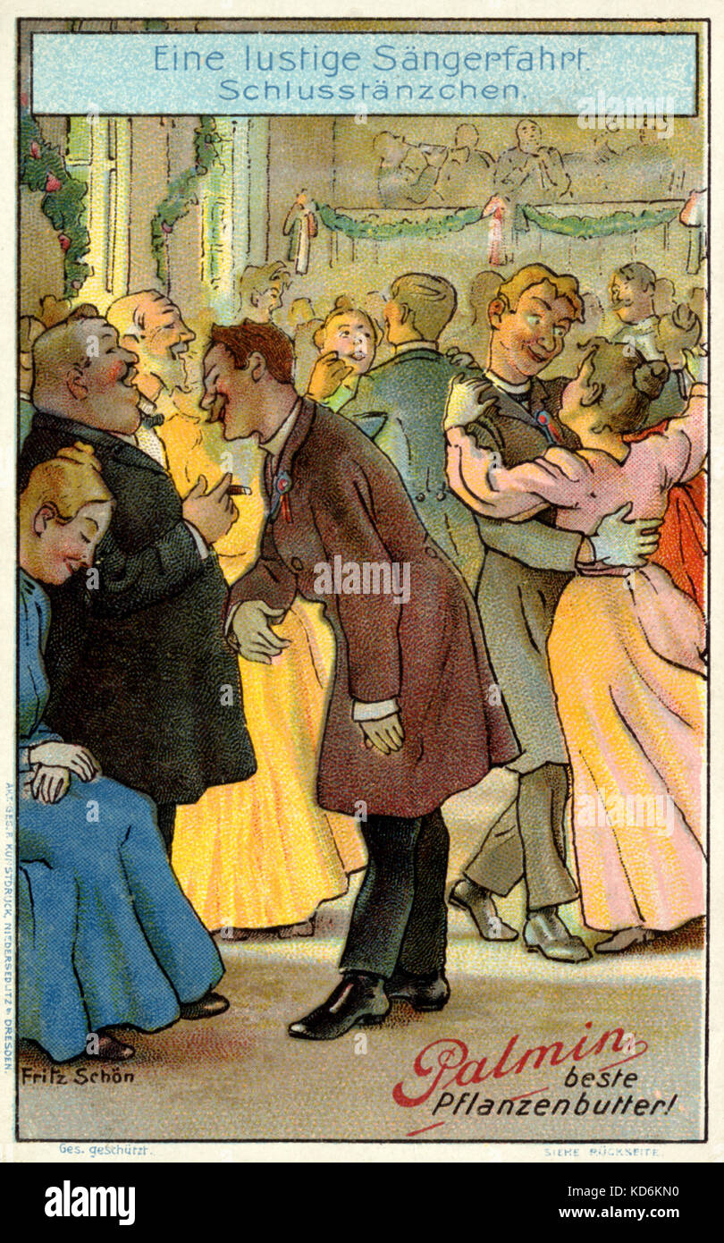 Paare tanzen Walzer im Ballsaal. Abbildung auf Palmin Sonnenblumenöl Butter (Margarine), von Fritz Schön, Deutschland. Stockfoto