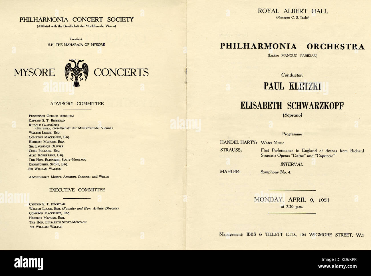 Richard Strauss Programm Englisch Premiere von Dafne und Capriccio mit dem Philharmonia Orchestra in der Royal Albert Hall, 1950 1951 Saison. Philharmonia Konzert Gesellschaft Präsident Maharaja von Mysore. 9 April 1951 Dirigent Paul Kletzki, Sopran Elisabeth Schwarzkopf. Stockfoto