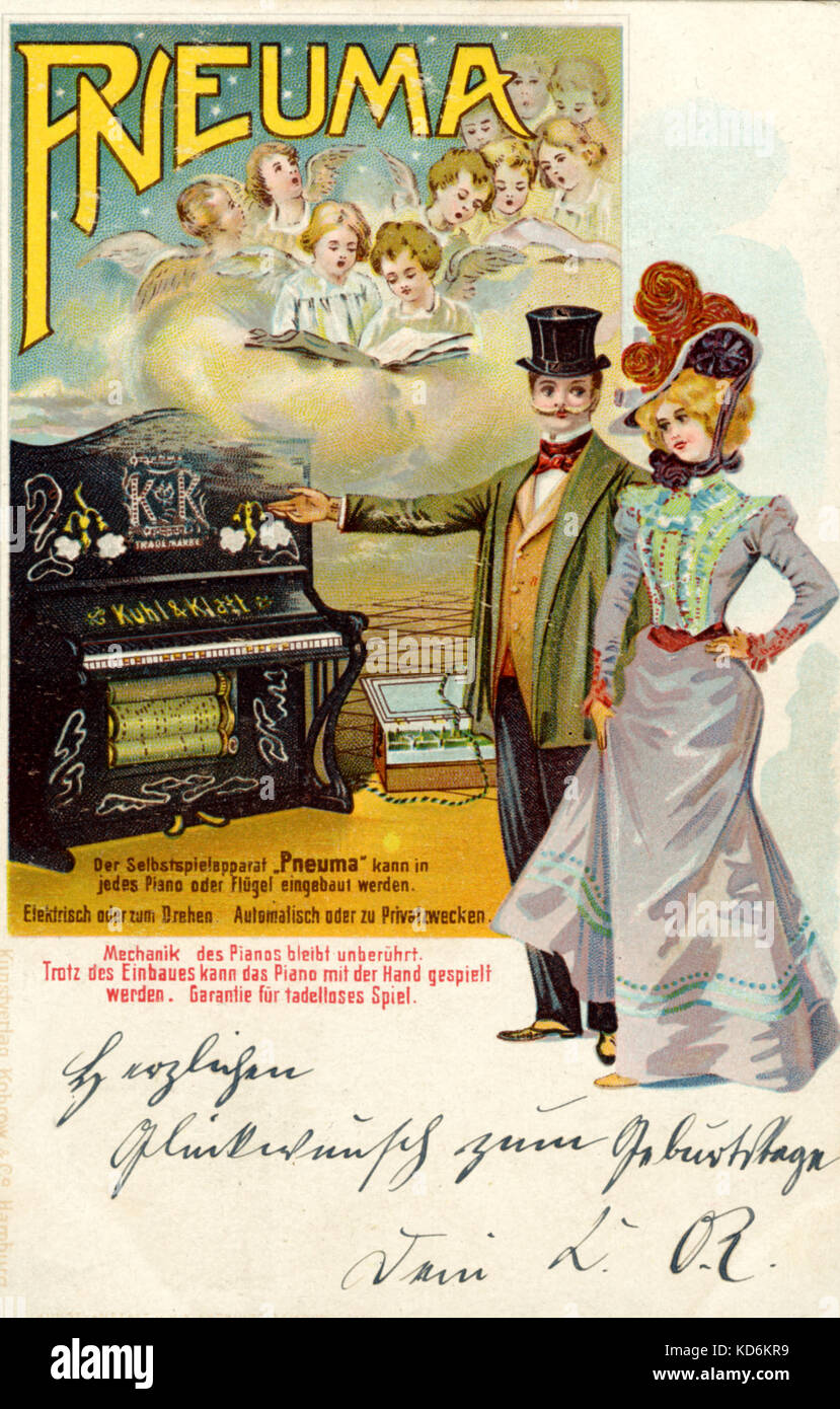 Werbung für pianola (Piano Roll) Deutsche ad für Pneuma Marke. Blick auf mechanische Klavier - Piano Roll. Hintergrund der Engel singen. Paar an Instrument suchen, Mann in Hut, Anzug; Frau in gefiederten Hut. Postkarte Stockfoto