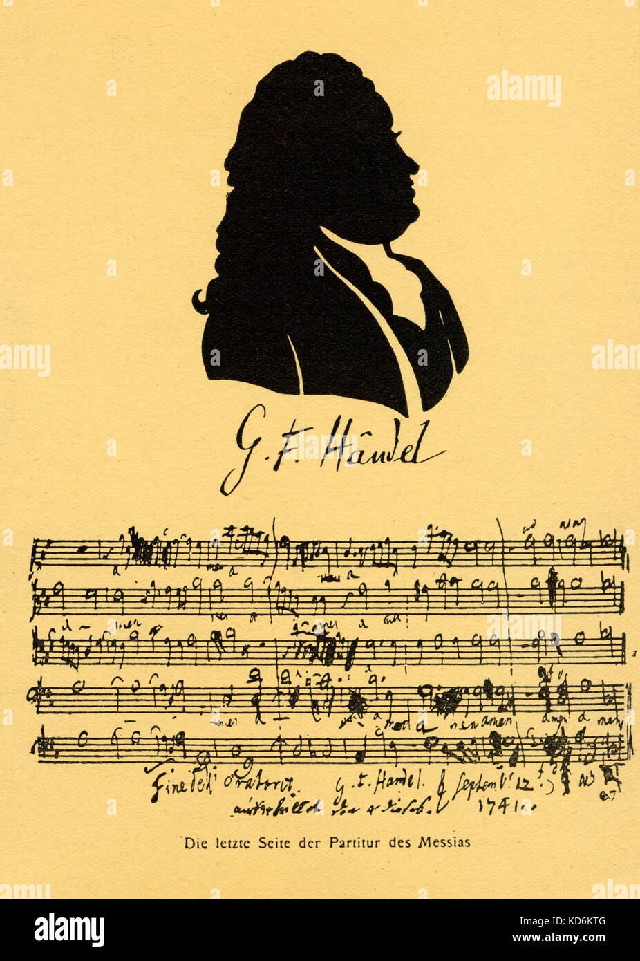Georg Friedrich Händel. Silhouette mit Manuskript Score: Letzte Seite des Messias, in seiner Handschrift, mit Autogramm: "Fine dell'Oratorio, September 1741 "deutsch-englischen Komponisten, 23. Februar 1685 - 14. April 1759. Postkarte Stockfoto
