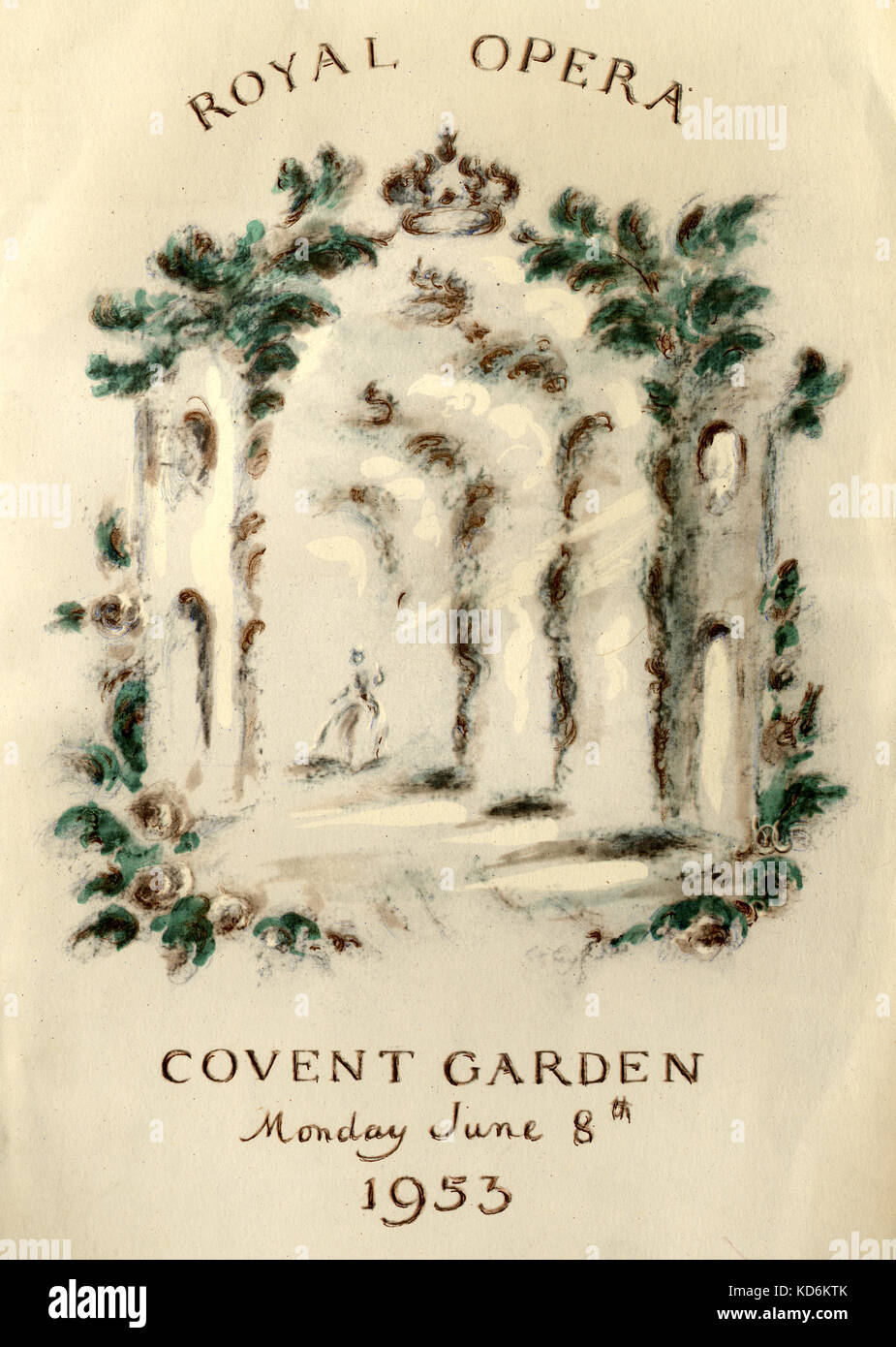 Krönung Programm Abdeckung für Queen Elizabeth II Coronation, 1953. Gala Performance von gloriana von Britten mit Peter Pears und Geraint Evans, durchgeführt von John Pritchard, 8. Juni 1953 Covent Garden Royal Opera House. Konzert. Design von Oliver Messel. Stockfoto
