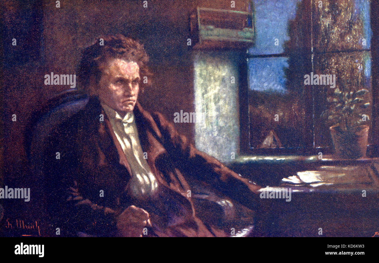 Ludwig van Beethoven am Klavier zu komponieren. Gemälde von F. Ullreich. Moonlight Sonata. Deutsche Komponist, 1770-1827. Postkarte Stockfoto Ludwig van Beethoven am Klavier zu komponieren. Gemälde von F. Ullreich. Moonlight Sonata. Deutsche Komponist, 1770-1827. Postkarte Stockfoto