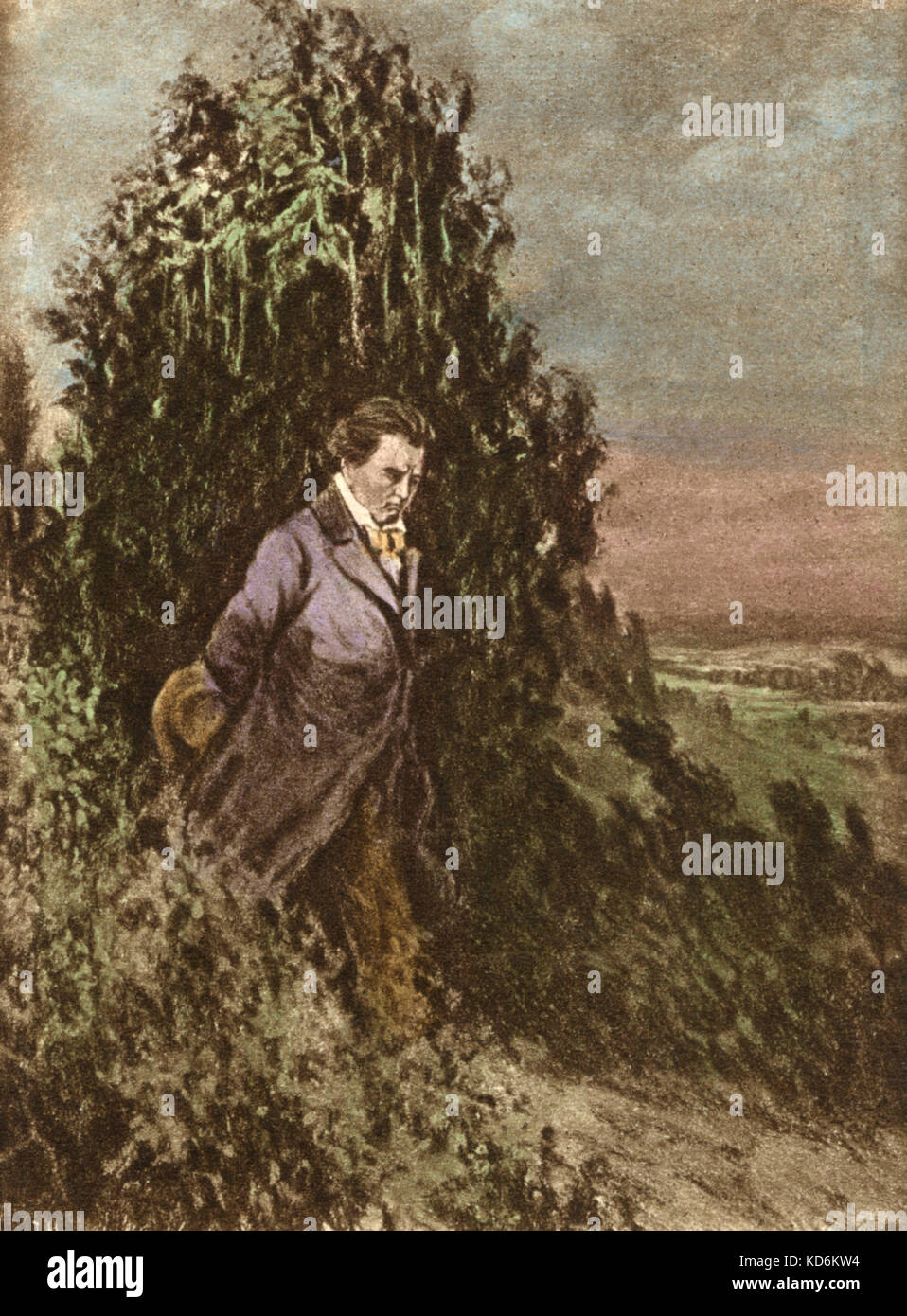 Ludwig van Beethoven in der Landschaft, von J. Nosek. Pastorale. Deutsche Komponist, 1770-1827. Landschaft Postkarte Stockfoto