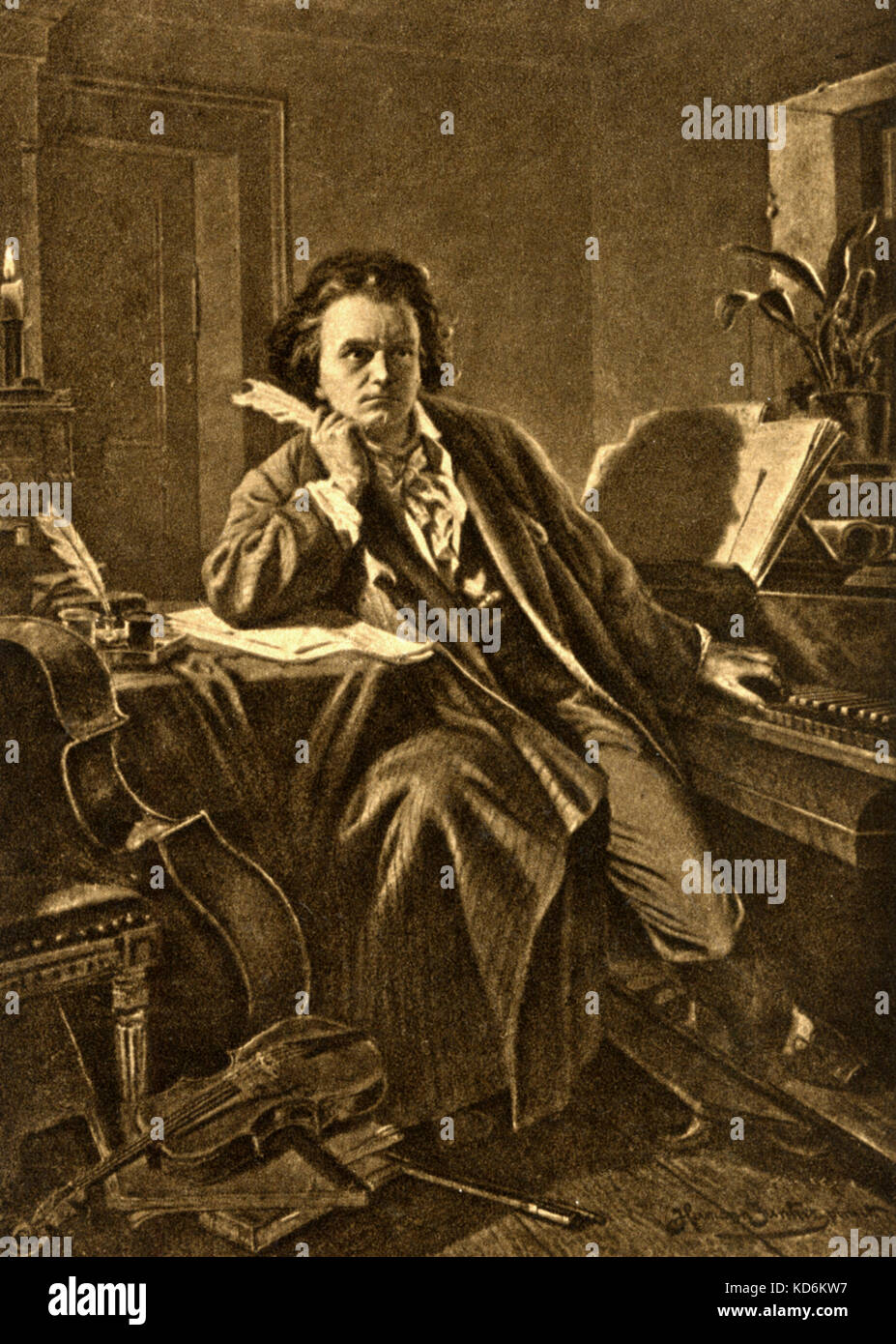 Ludwig van Beethoven komponierte am Klavier, inspirieren. Illustration von H. Junker. Eingangswellenträger. Cello, Geige und Bücher. Deutsche Komponist, 1770-1827. Postkarte Stockfoto