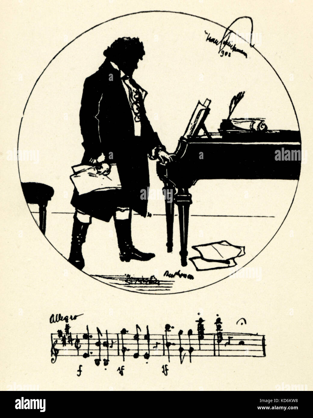 Ludwig van Beethoven stehen mit Hand auf Tastatur, halten. Silhouette von Hans Schliessmann (1852 - 1920). Eingangswellenträger. Musik Personal. Deutsche Komponist, 1770-1827. Postkarte Stockfoto