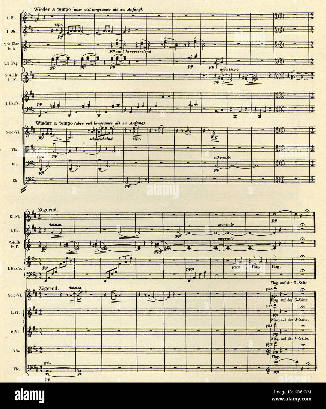 Gustav Mahler Symphonie Nr. 9, die letzte Seite des ersten Satzes. Gedruckte Partitur, bei der Universal Edition, 1912 veröffentlicht. Nr. 9, 9. Der oesterreichische Komponist, 1860-1911. Stockfoto