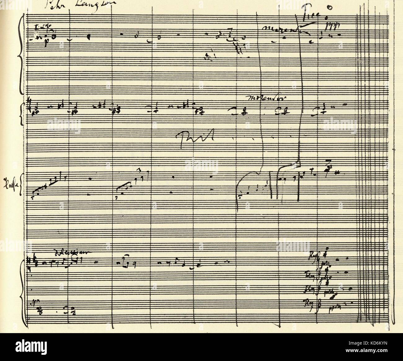 Gustav Mahlers Symphonie Nr. 9 Partitur, die letzte Seite des ersten Satzes. Handschriftliche Partitur. Nr. 9, 9. Der oesterreichische Komponist, 1860-1911. Stockfoto