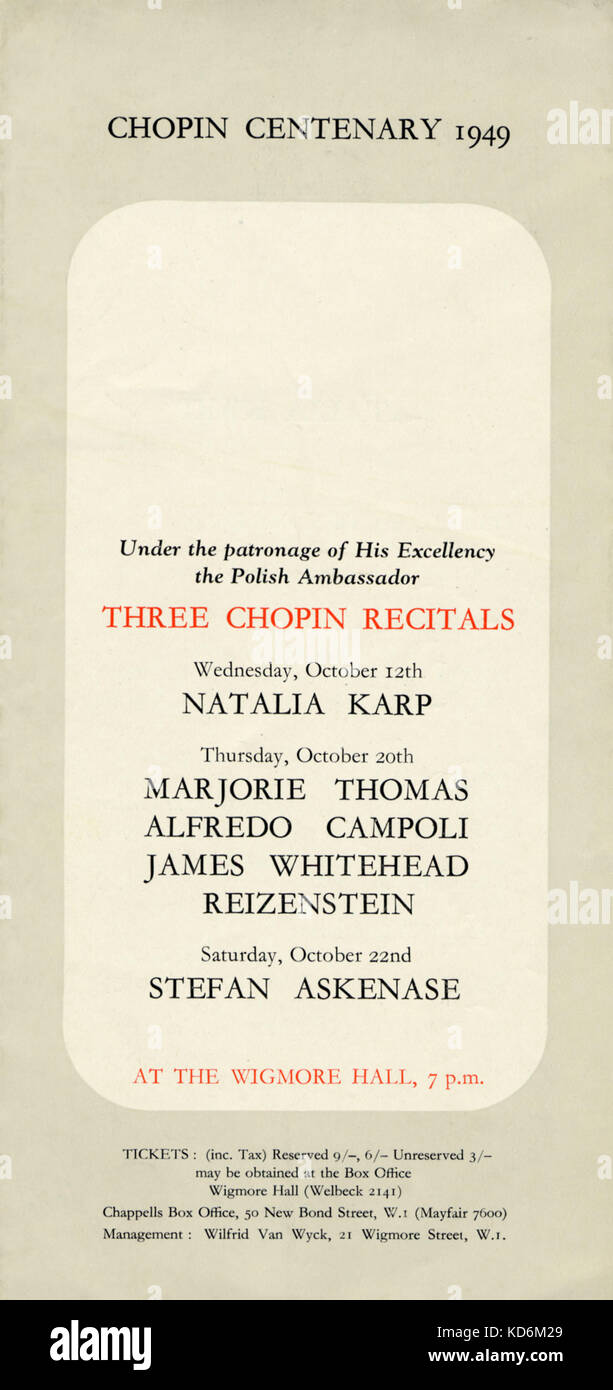 Chopin 100-Programm von 1949, unter der Schirmherrschaft Seiner Exzellenz, des polnischen Botschafter, für drei Chopin Recital in der Wigmore Hall. Drei Chopin Erwägungsgründe: Natalia Karp 12. Oktober Reizenstein, Marjorie Thomas, Alfredo Campoli, James Whitehead Oktober 20, Stefan Askenase, Oktober 22. Stockfoto