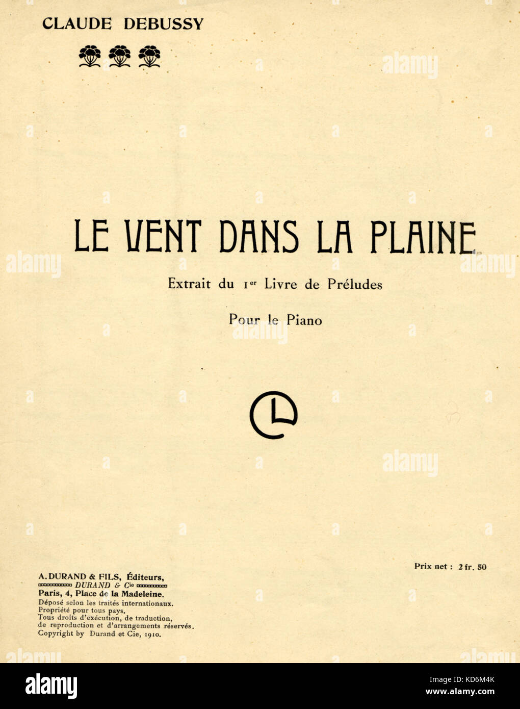 Claude Debussy's "Le Vent dans la Plaine", Partitur für Klavier. Auszug aus dem ersten Buch der Präludien veröffentlicht Paris, A. Durand & Fils, 1910. Stockfoto