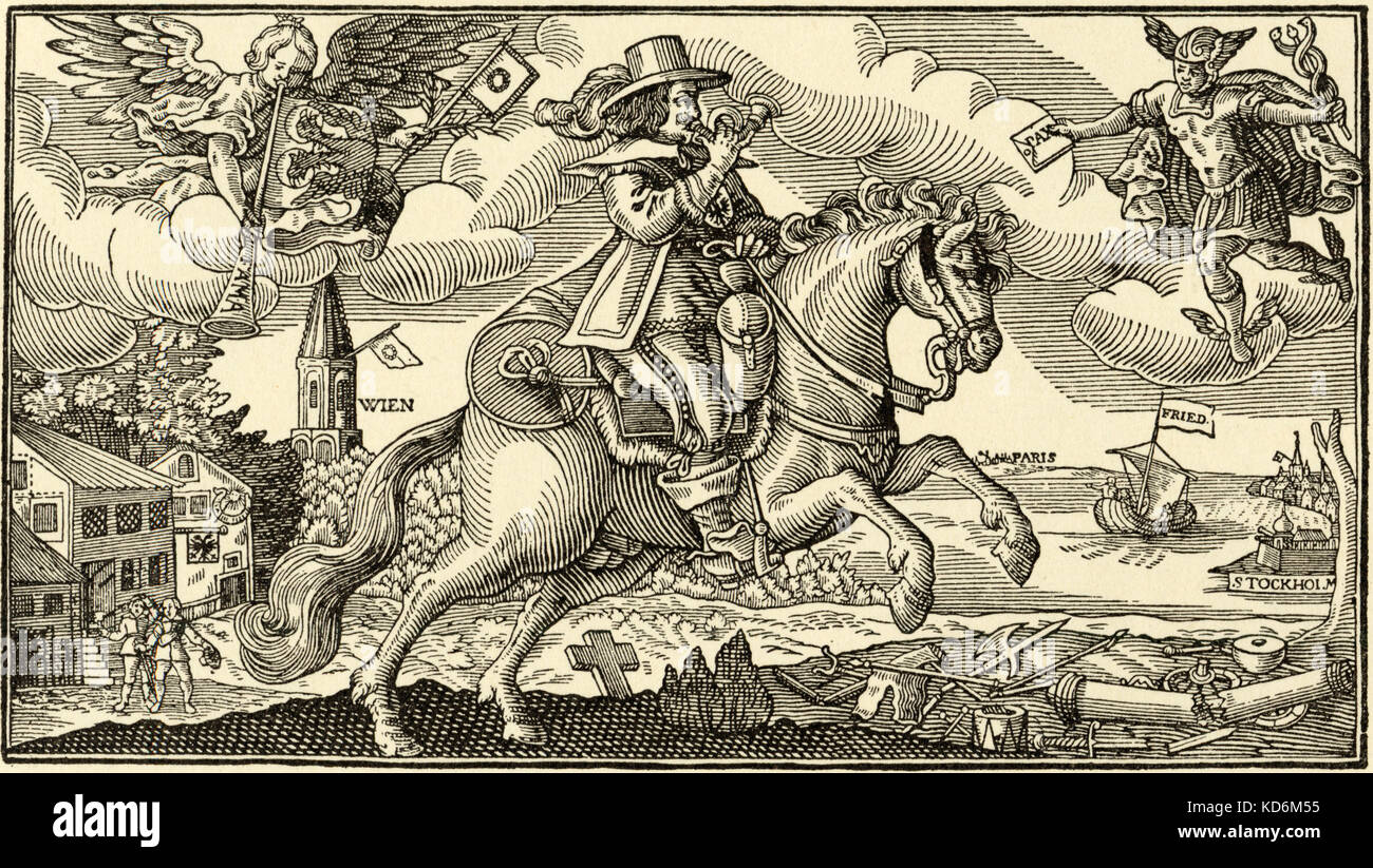 Postillion, Reitschule post/Buchstaben über Westfalen, Horn blasen. Holzschnitt aus dem 17. Jahrhundert. Stockfoto